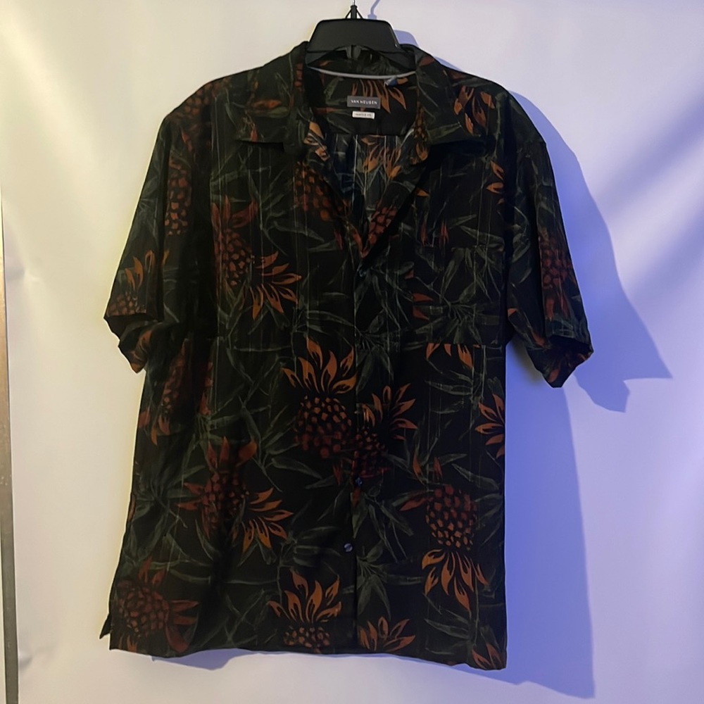 Van Heusen Bottom Down Shirt Short Sleeve XL Pineapple & Leaves Black
